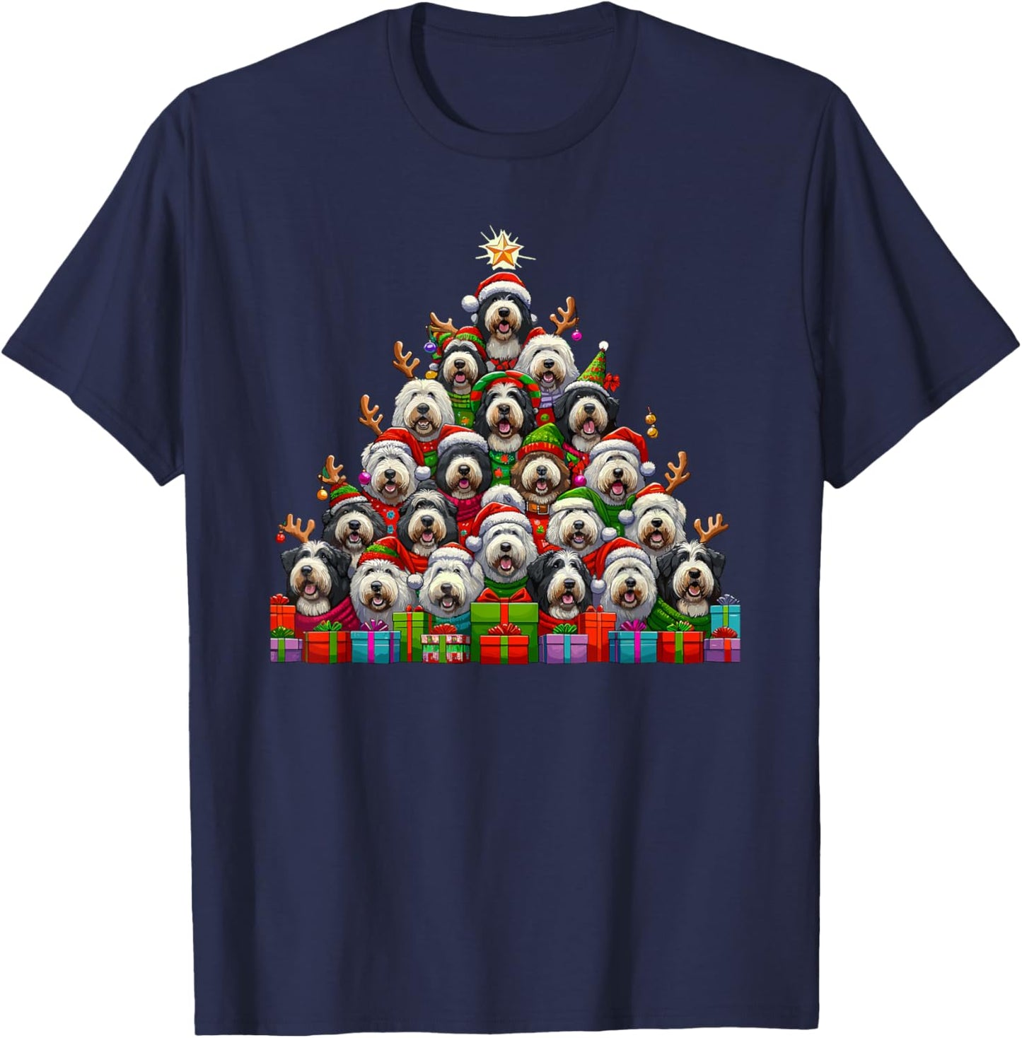 Christmas Tree Old English Sheepdog T-Shirt - T-Shirt | Navy