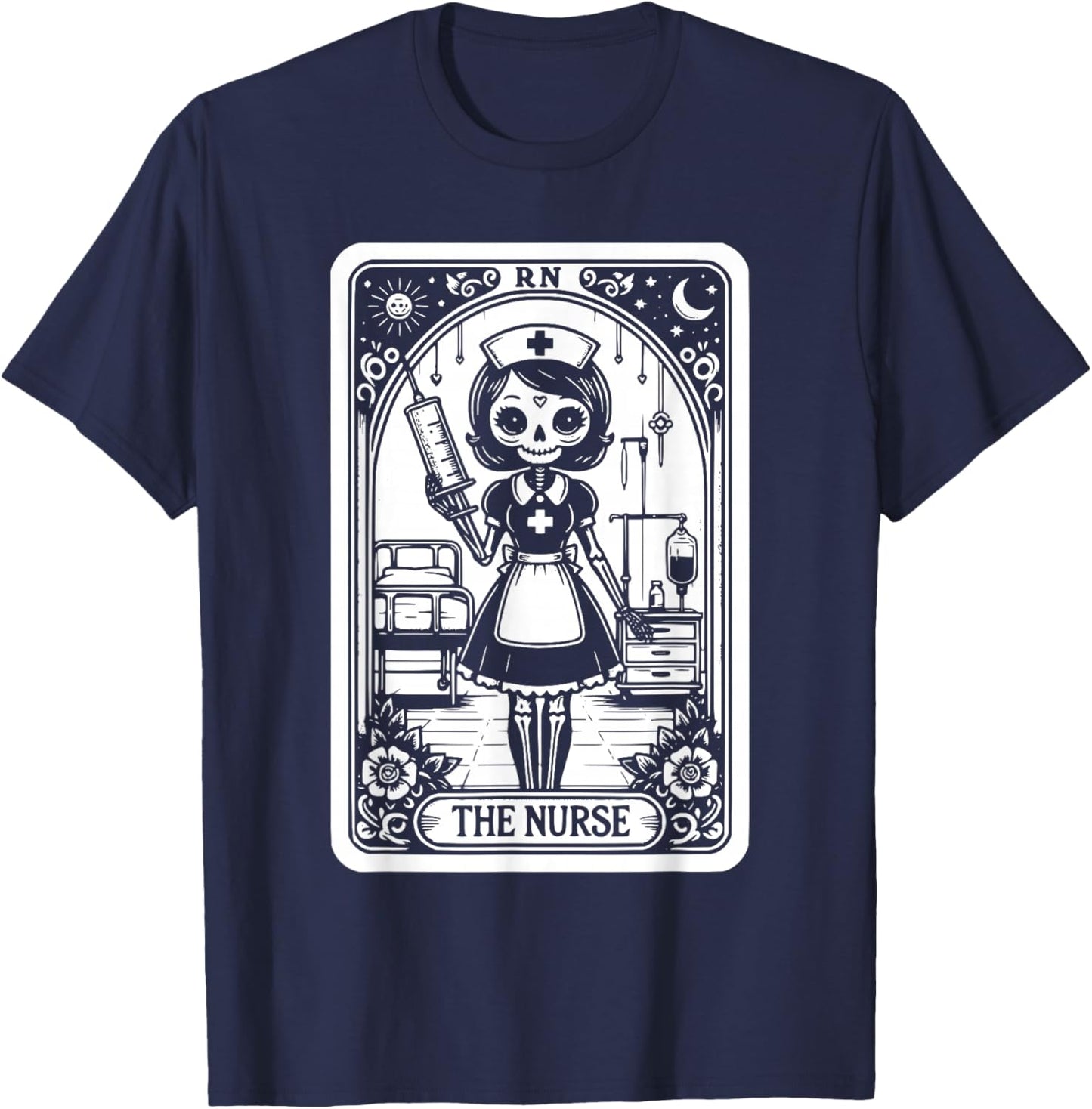 Funny Spooky Skeleton RN Nurse The Nurse Tarot Card Nursing T-Shirt - T-Shirt | Navy