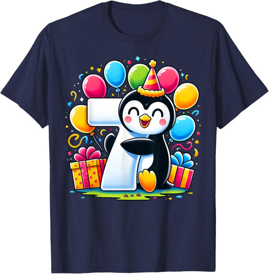Kids Penguin Theme seventh Bday Party 7th Penguin Birthday T-Shirt - T-Shirt | Navy