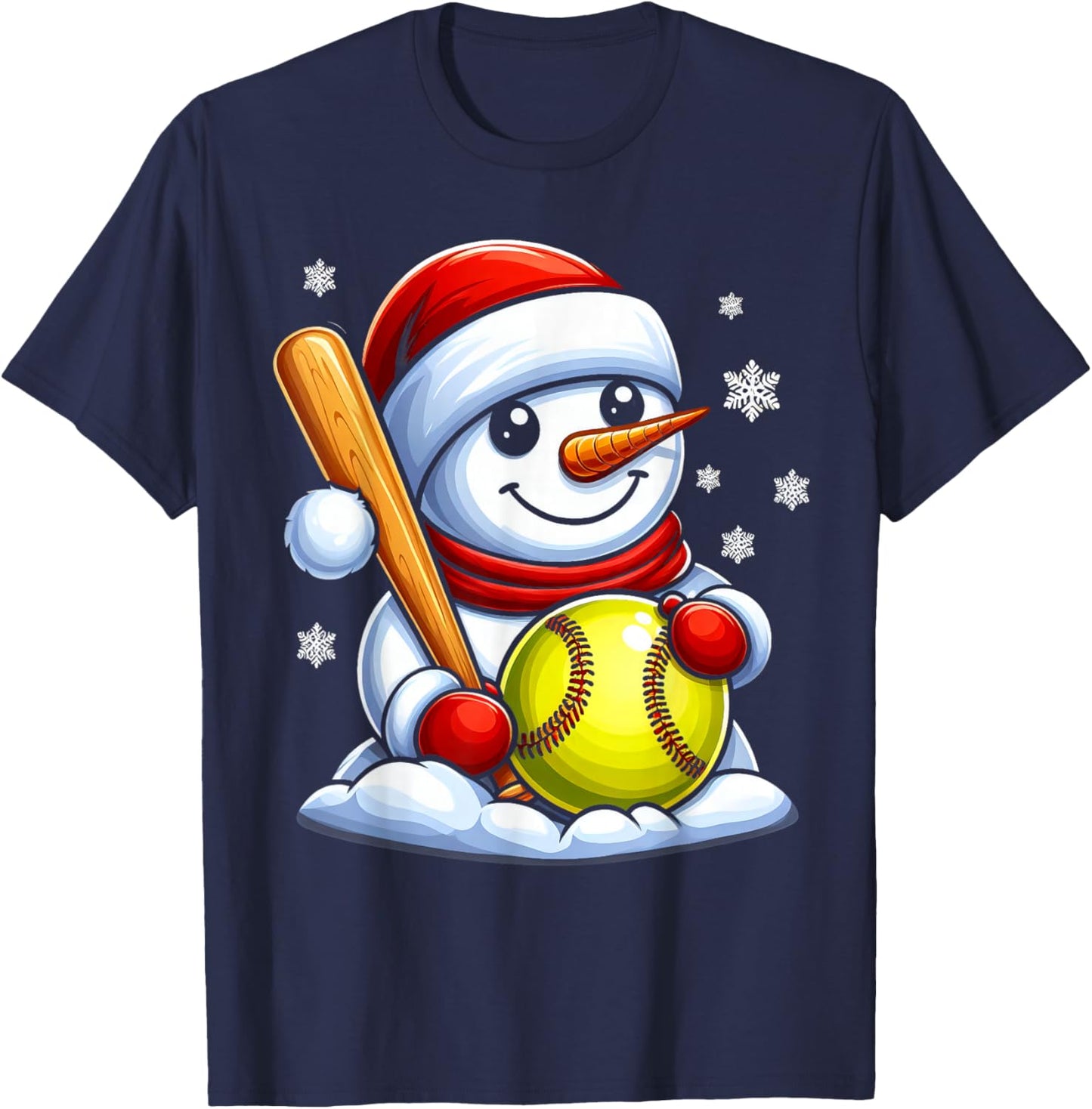 Softball Snowman Santa Hat Christmas Xmas Boys Girls Kids T-Shirt - T-Shirt | Navy