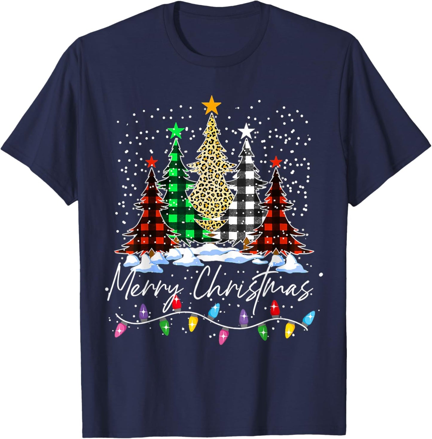 Merry Christmas Trees With Buffalo Red Plaid Leopard Xmas T-Shirt - T-Shirt | Navy