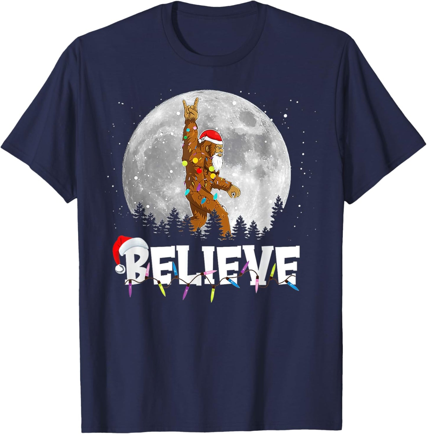 Santa Bigfoot Christmas Light Funny Sasquatch Believe Xmas T-Shirt - T-Shirt | Navy