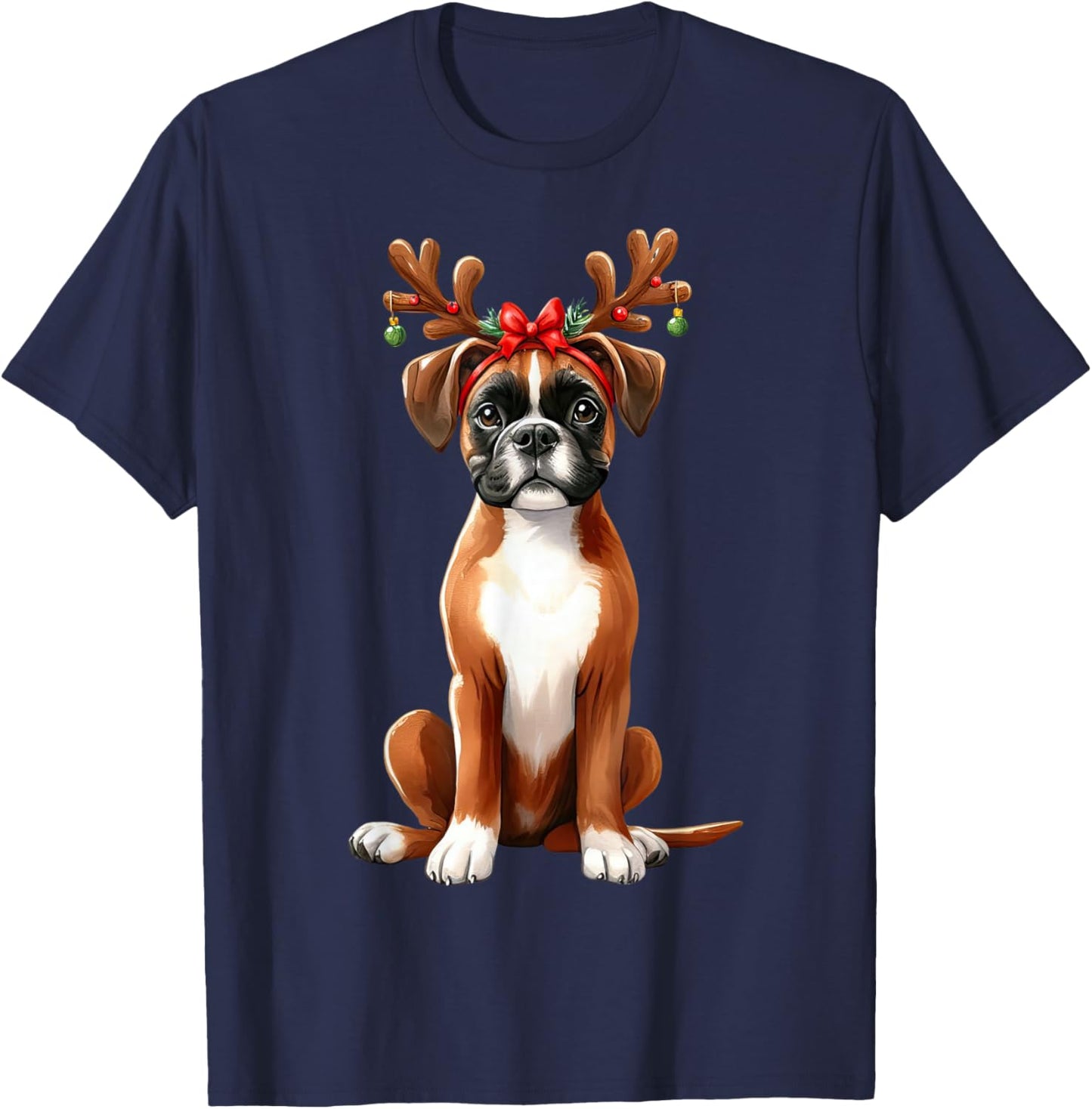 Boxer Reindeer Santa Hat Xmas Lights Christmas Xmas Dog Men Women T-Shirt - T-Shirt | Navy