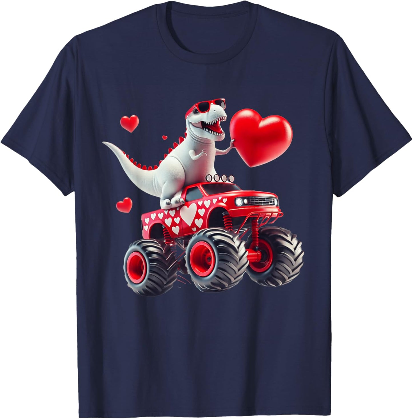 Valentines Day T Rex Riding Monster Truck Funny Toddler Boys T-Shirt - T-Shirt | Navy