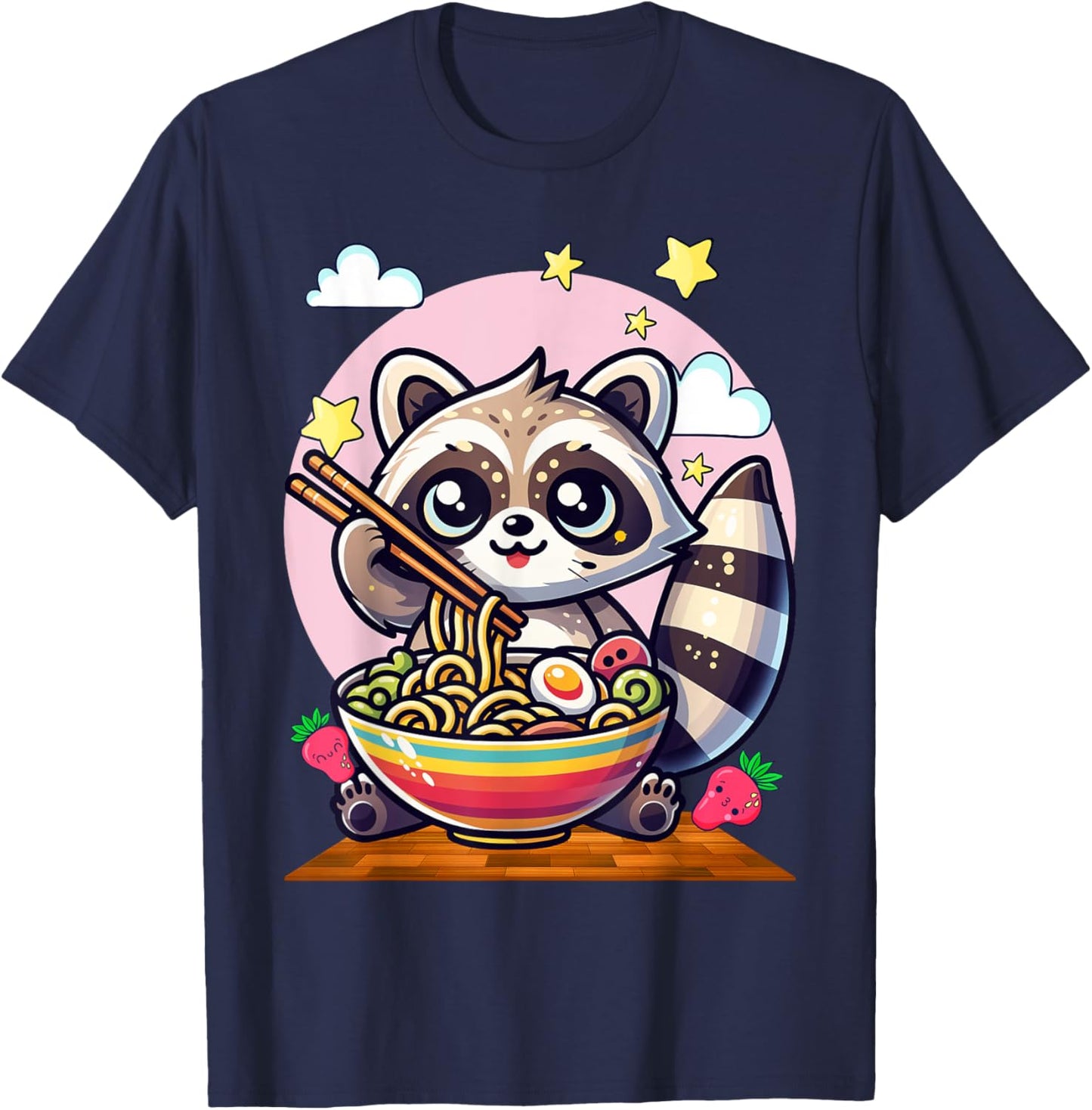 Raccoon Noodles Lover Gift Co. -Adults & Kids Raccoon Eating Japanese Noodles Kawaii Ramen Bowl - Black, Small, Short Sleeve T-Shirt - T-Shirt | Navy