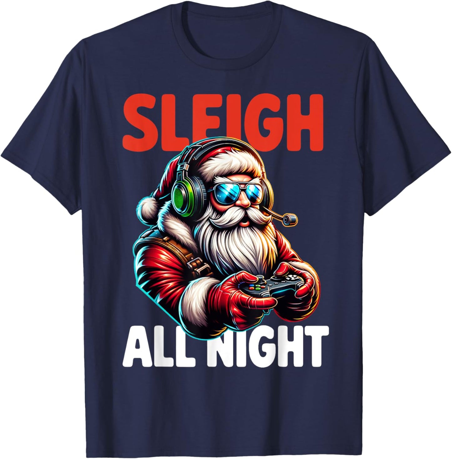 Christmas Gamer Boys Sleigh All Night Video Game Santa Xmas T-Shirt - T-Shirt | Navy