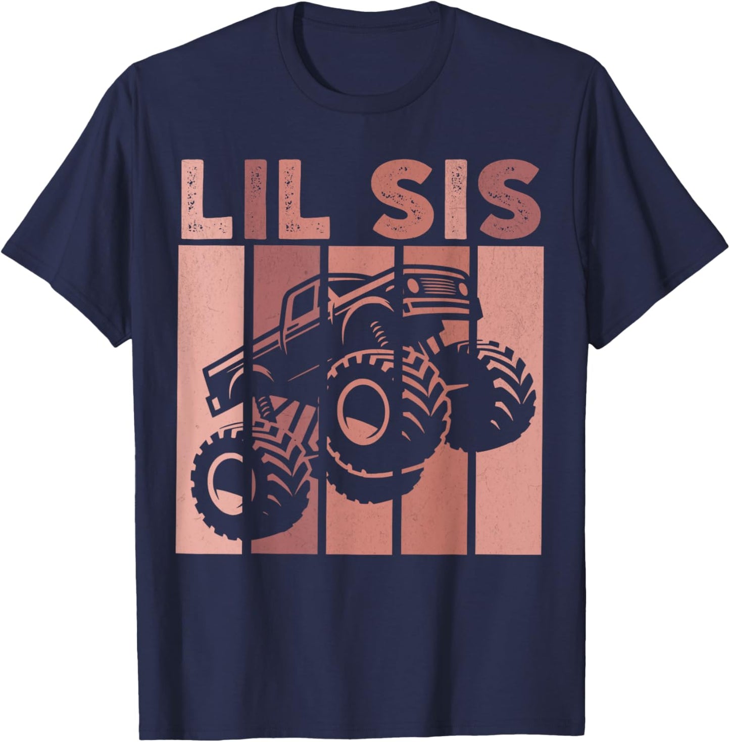 Little Sister Monster Truck Retro Lil Sis Matching Sibling T-Shirt - T-Shirt | Navy