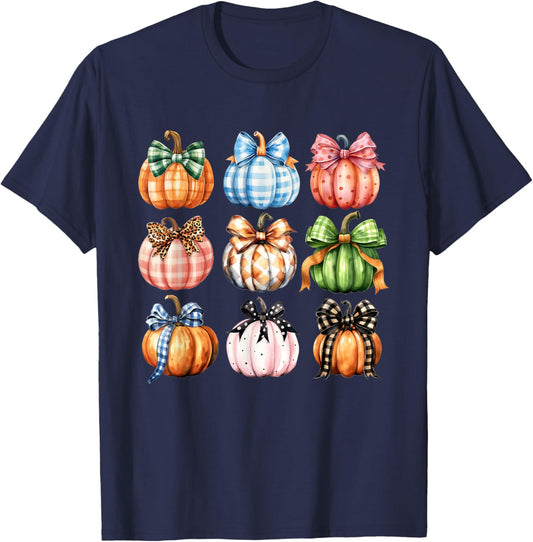 Funny Halloween Coquette Bow Pumpkin Autumn Thanksgiving T-Shirt - T-Shirt | Navy
