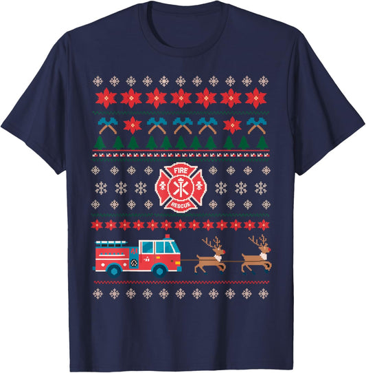 Firefighter Fire Rescue Funny Christmas Ugly Sweater T-Shirt - T-Shirt | Navy