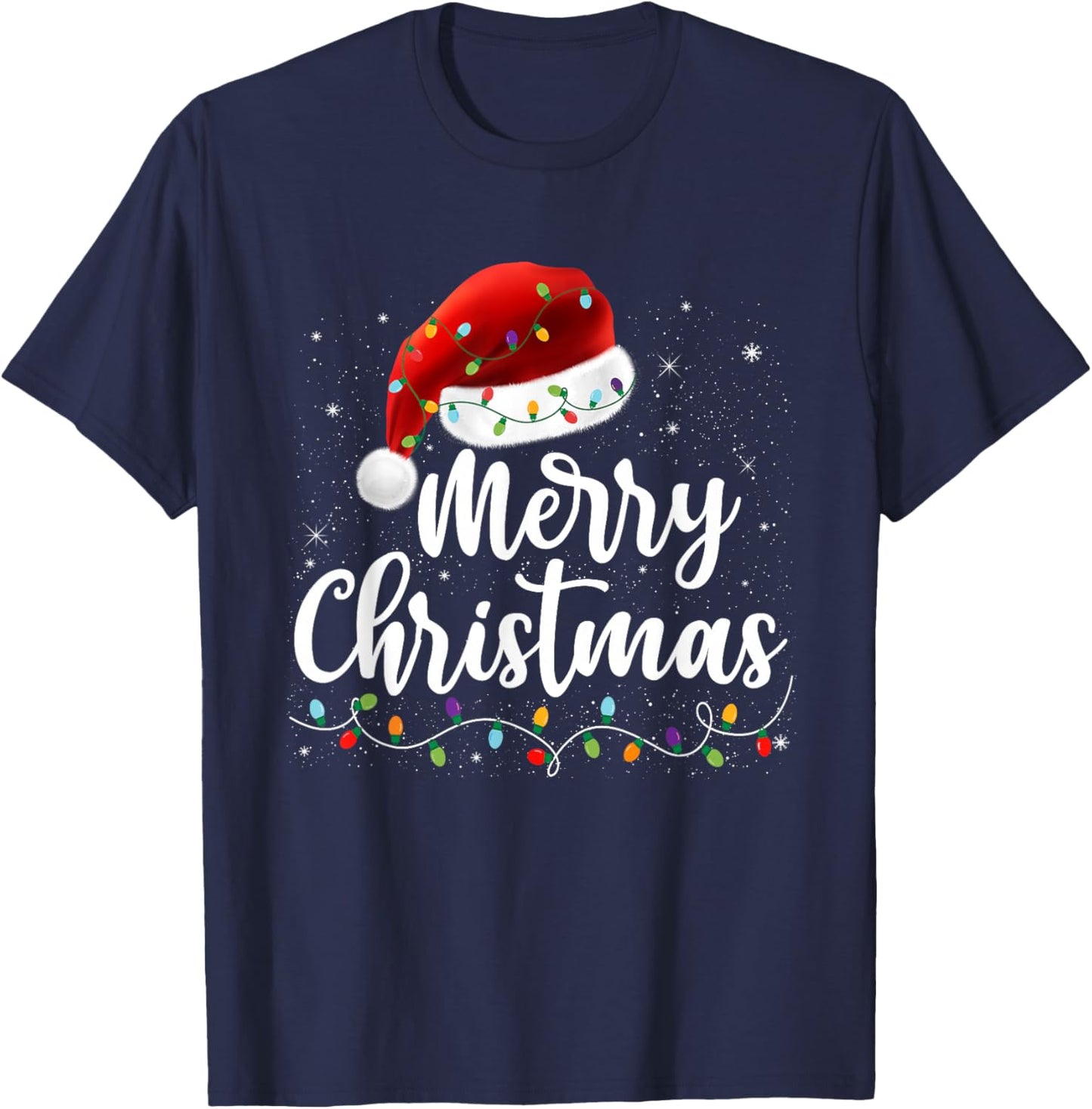 Merry Christmas Lights Red Santa Hat Xmas Family Men Women T-Shirt - T-Shirt | Navy