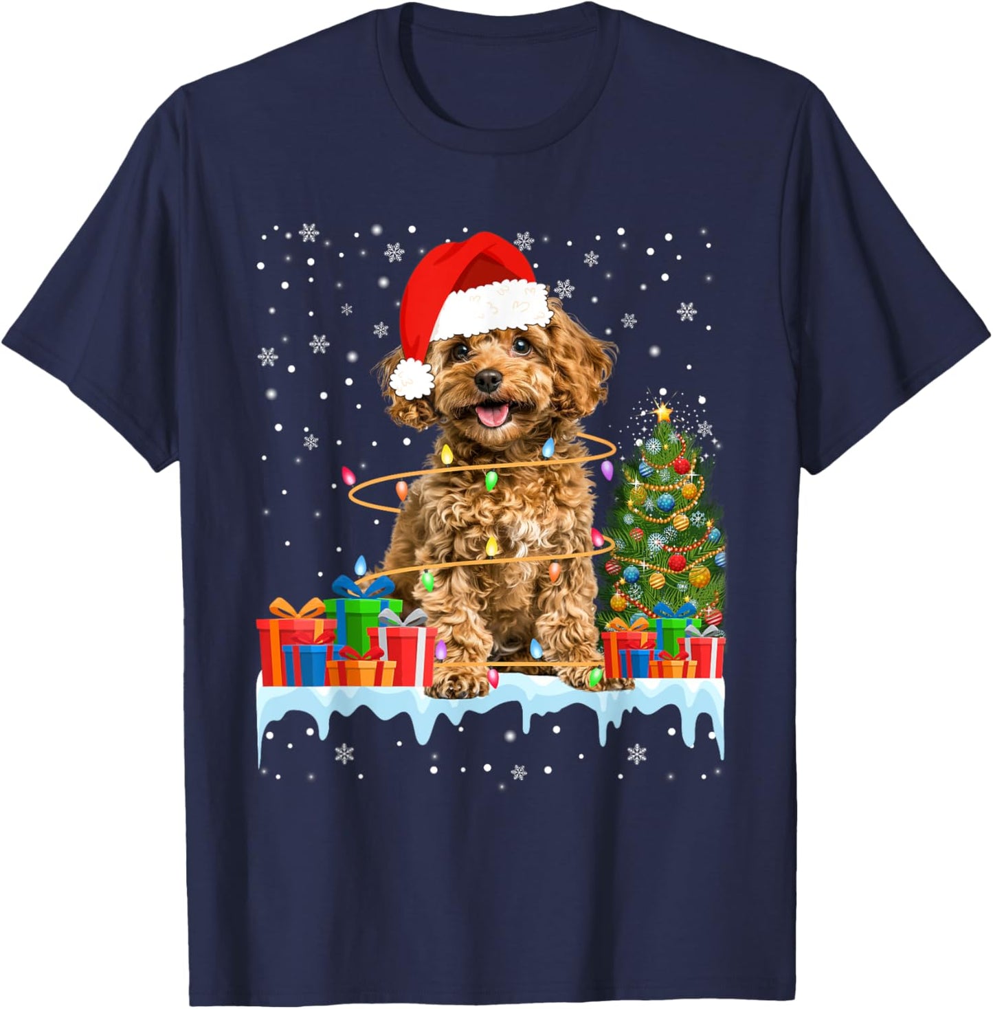 Funny Santa Poodle Dog Christmas Lights Xmas Pajamas T-Shirt - T-Shirt | Navy