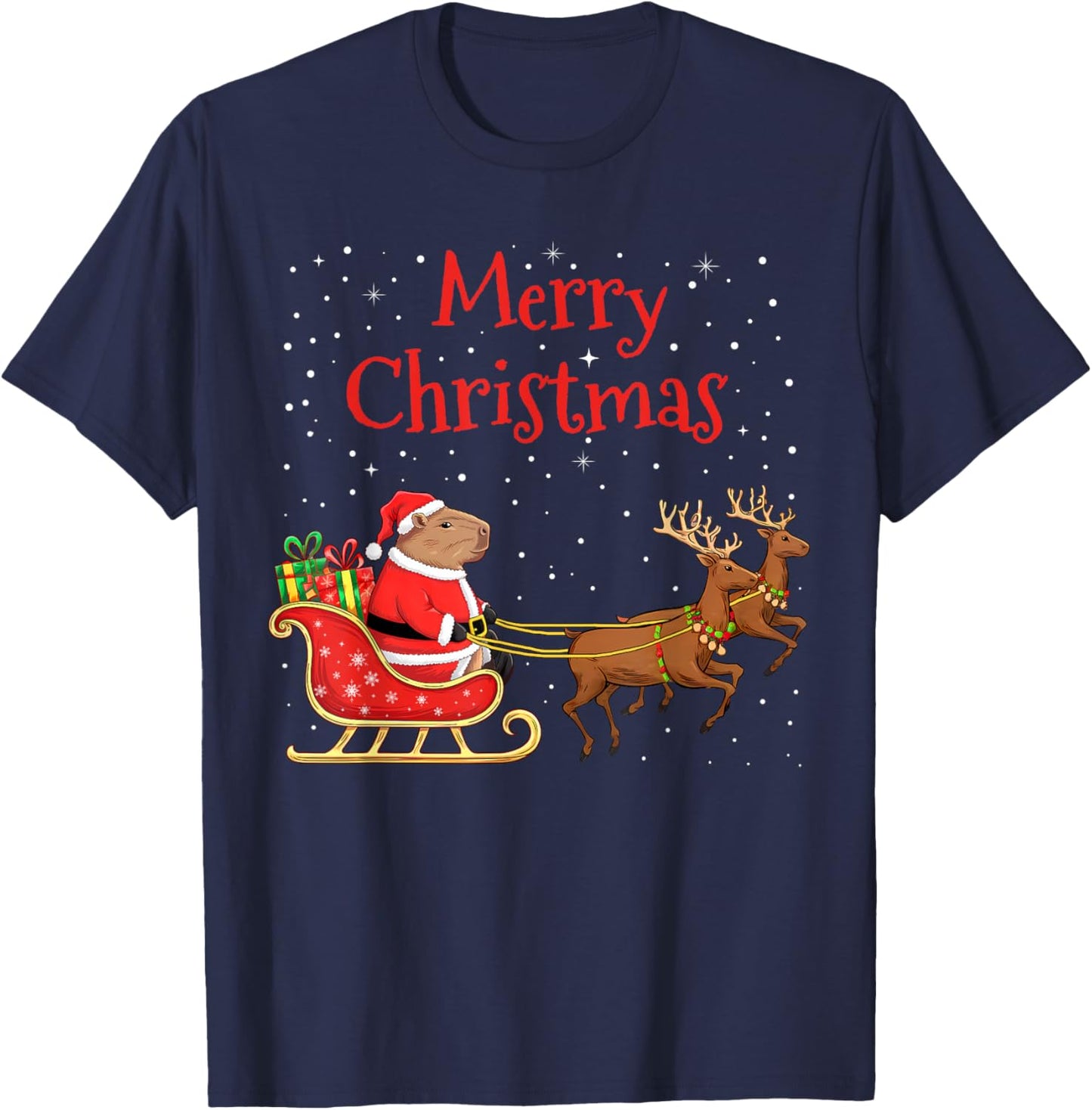 Merry Christmas Capybara Riding Santa Sleigh With Reindeer T-Shirt - T-Shirt | Navy