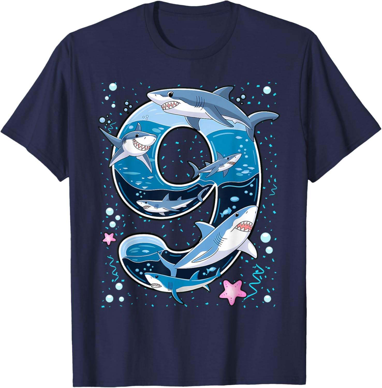 Kids 9th Birthday 9 Years Old Shark Boys Sea Ocean T-Shirt - T-Shirt | Navy
