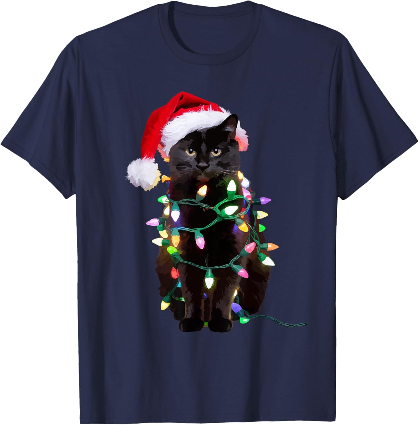 Black Cat Christmas Tree Lights Funny Santa Kitten Led Light T-Shirt - T-Shirt | Navy