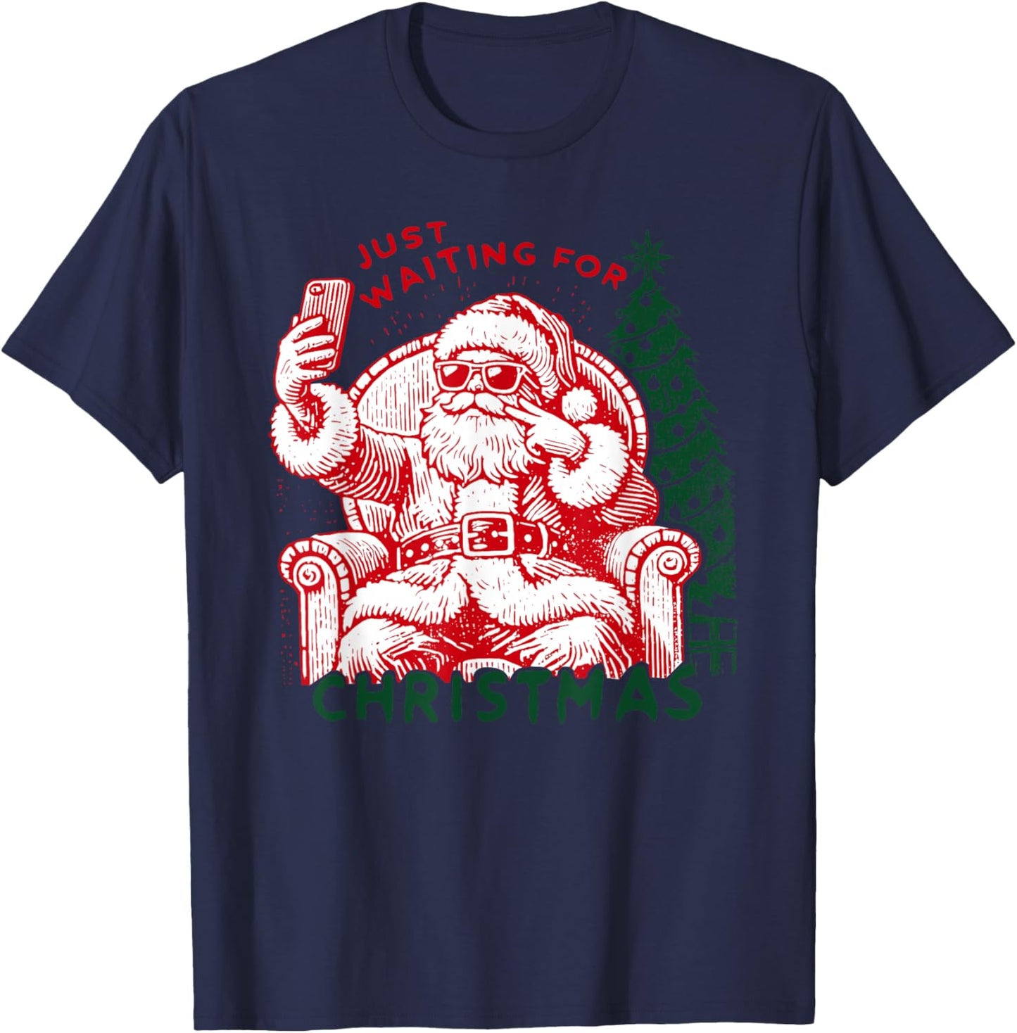 Retro Just Waiting For Christmas, Christmas Funny Santa T-Shirt - T-Shirt | Navy