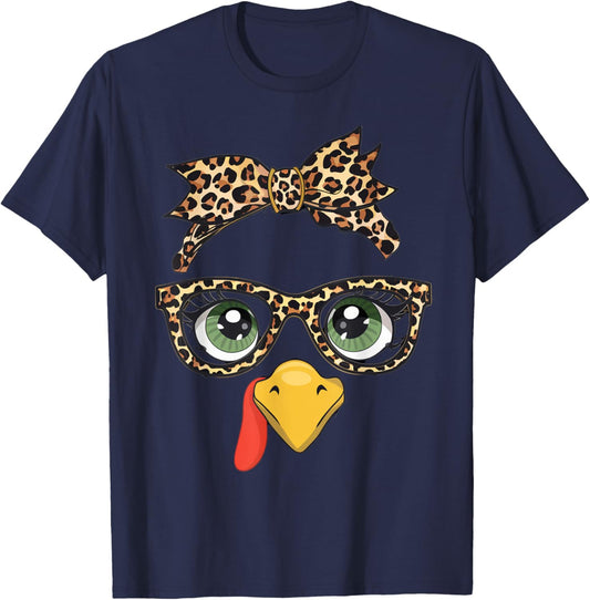 Leopard Print Thanksgiving Turkey Face Glasses Women Girls T-Shirt - T-Shirt | Navy