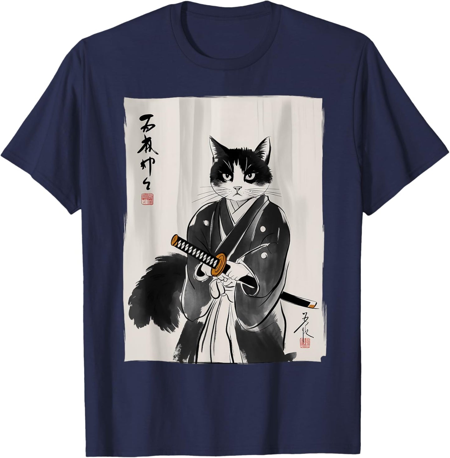 Samurai Cat Japanese Art Gifts For Cat Mom Cat Dad Cat Lover T-Shirt - T-Shirt | Navy
