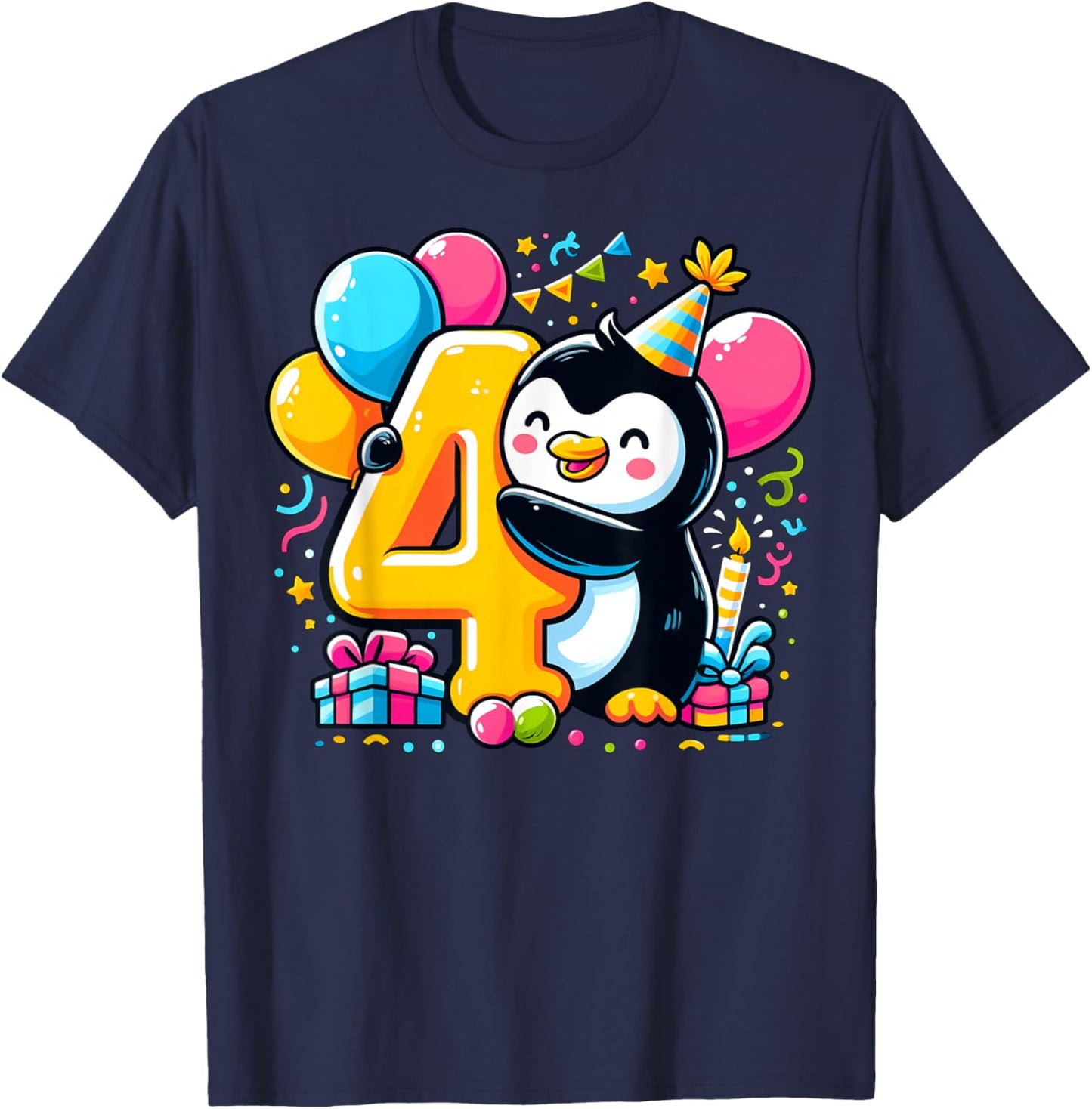 Kids Penguin Theme fourth Bday Party 4th Penguin Birthday T-Shirt - T-Shirt | Navy