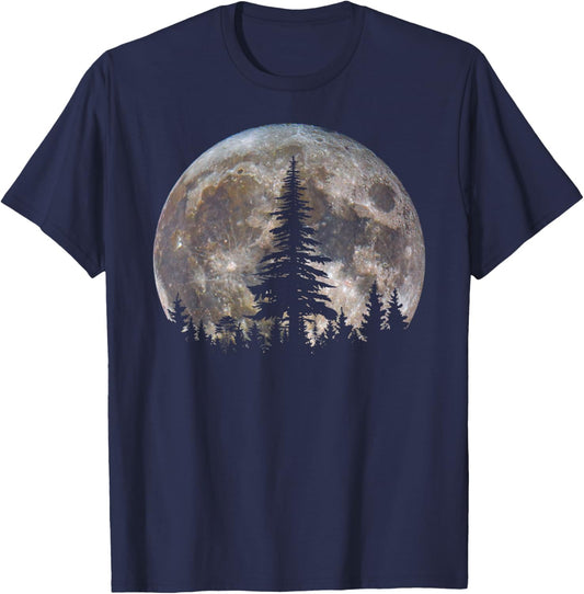 Retro Full Moon Vintage Forest Nature Minimalist Pine Tree T-Shirt - T-Shirt | Navy