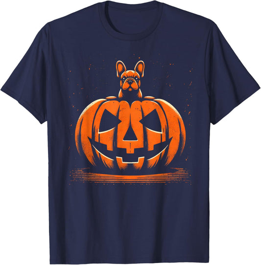 Dog Halloween French Bulldog Jack O Lantern Pumpkin T-Shirt - T-Shirt | Navy