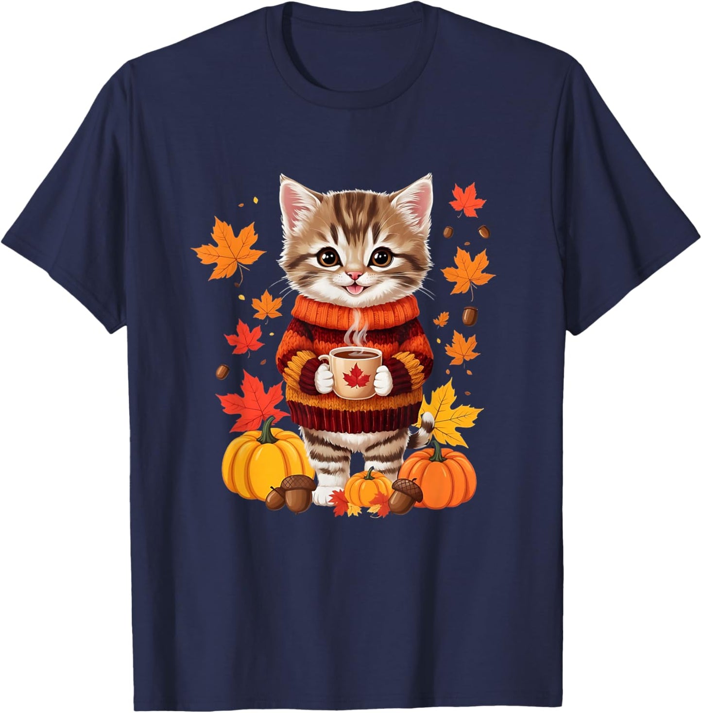 Cute Kitten with Jumper Funny Autumn Graphic T-Shirt - T-Shirt | Navy