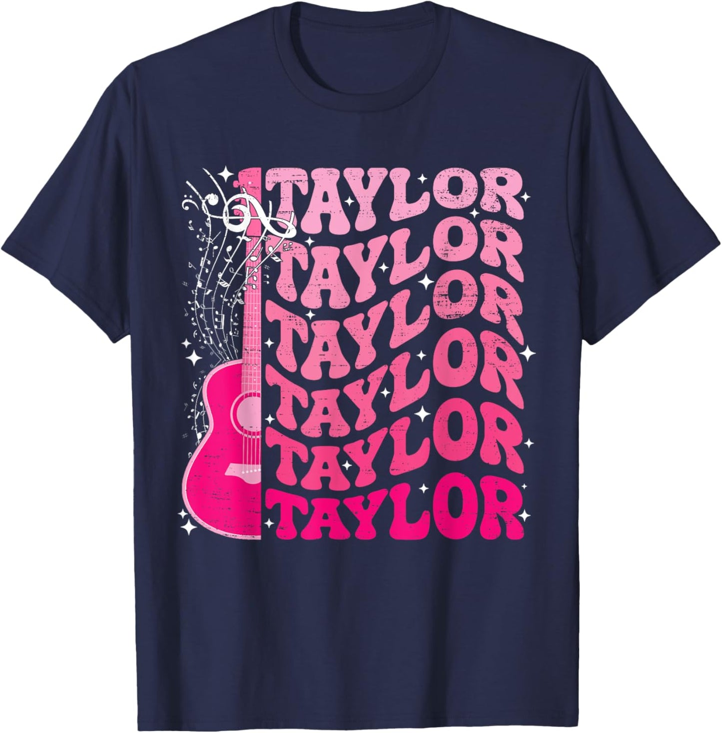 Girl Retro Taylor First Name Personalized Groovy 80's Pink T-Shirt - T-Shirt | Navy