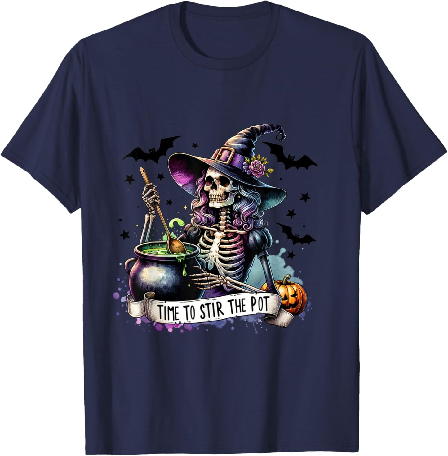 Time To Stir the pot Skeleton Woman Witch Halloween Pin-Up T-Shirt - T-Shirt | Navy