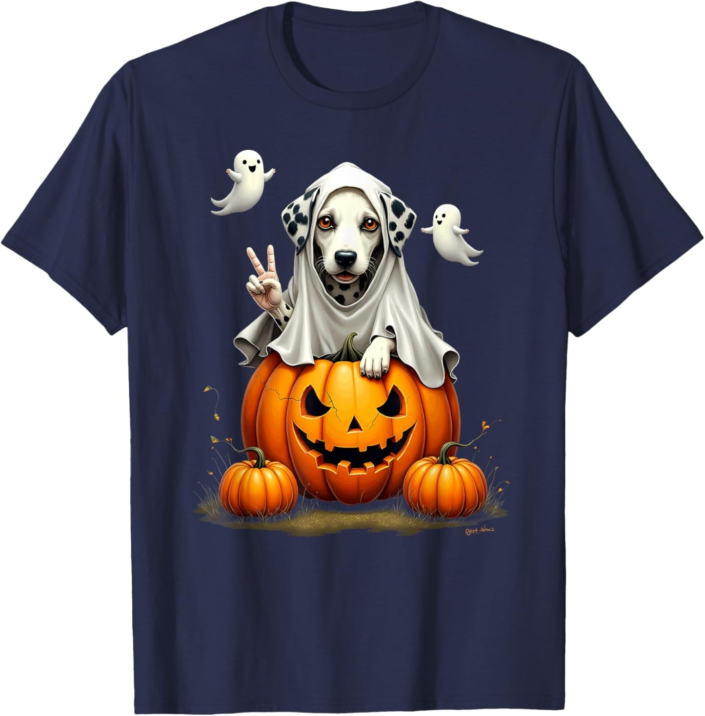 Pumpkin Boo Ghost Dalmatian Dog Halloween Costume Men Women Kids T-Shirt - T-Shirt | Navy