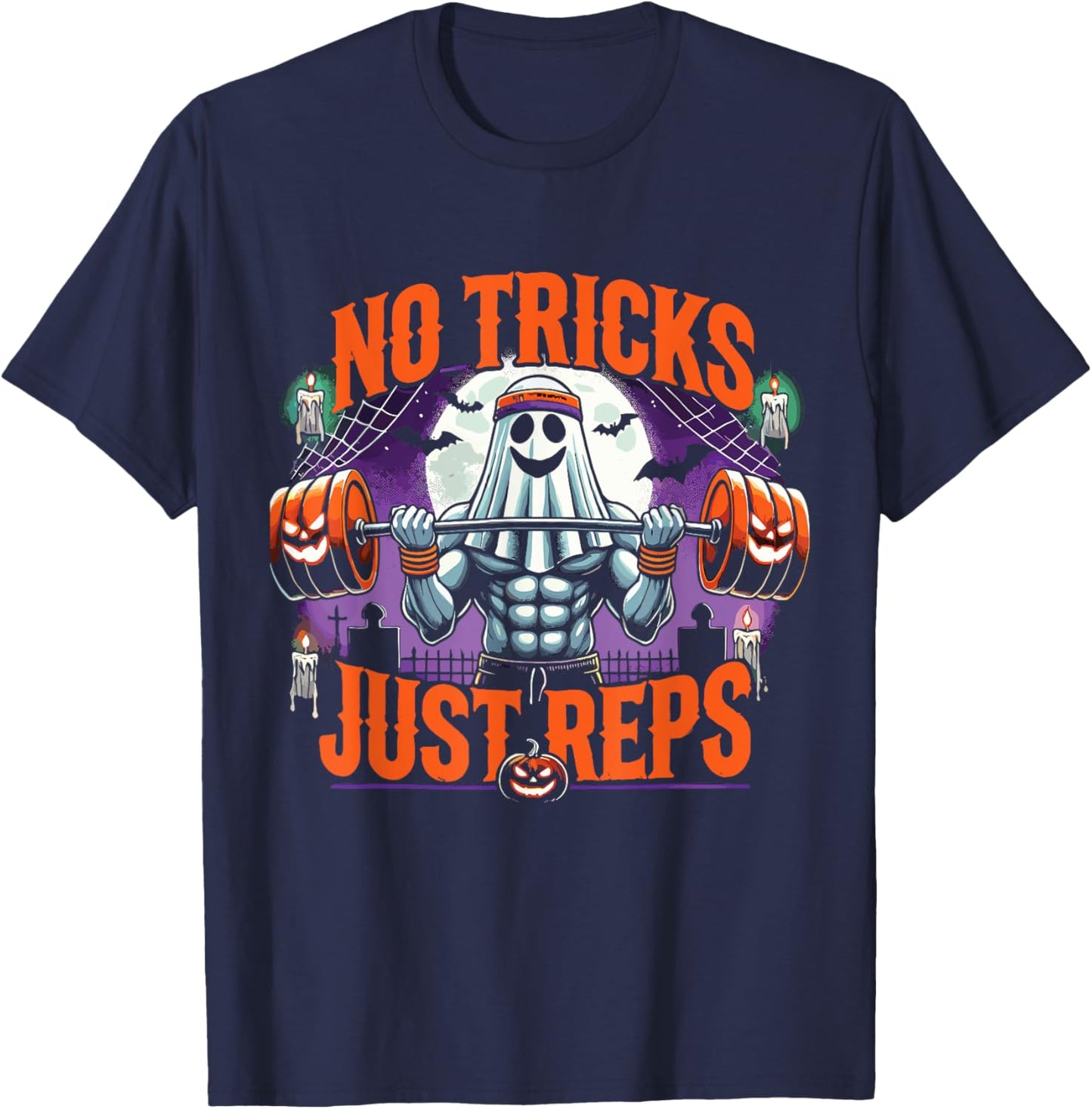 Halloween Workout No Tricks Just Reps Ghost Gym T-Shirt - T-Shirt | Navy