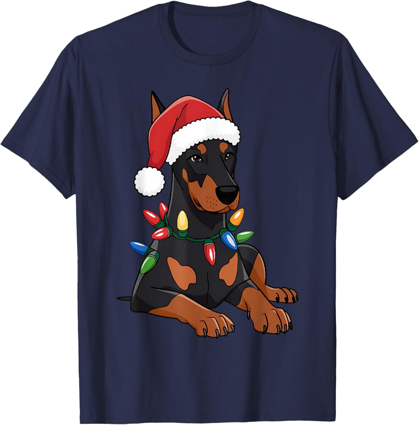 Doberman Santa Christmas Lights Dog Lover Xmas Men Women T-Shirt - T-Shirt | Navy