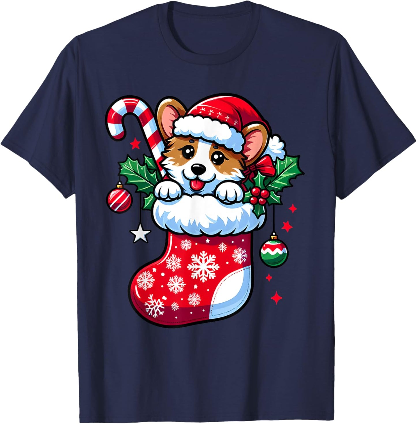 Cute Christmas Candy Cane Santa Corgi Dog in Xmas Stocking T-Shirt - T-Shirt | Navy