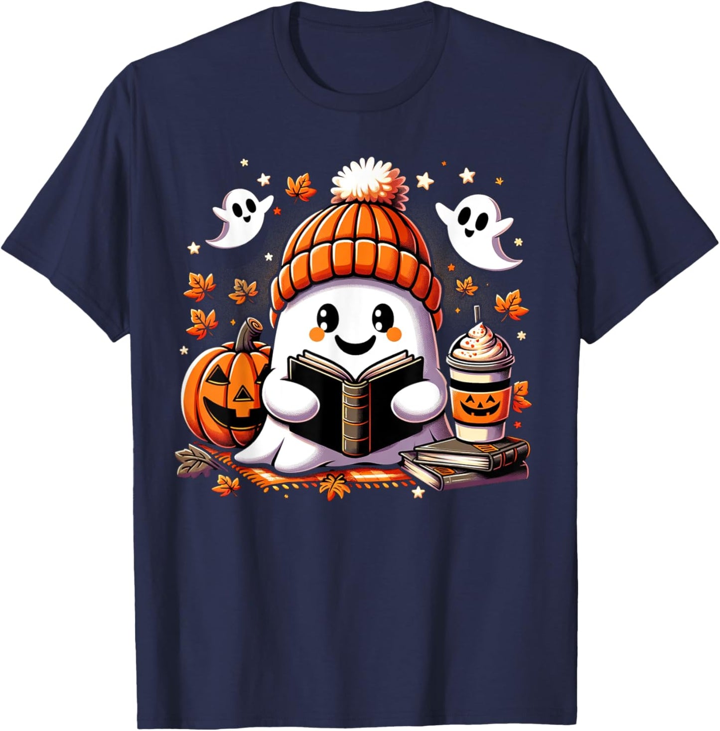 Snug Ghost Reading A Book Halloween Vibes Autumn Love Fall T-Shirt - T-Shirt | Navy