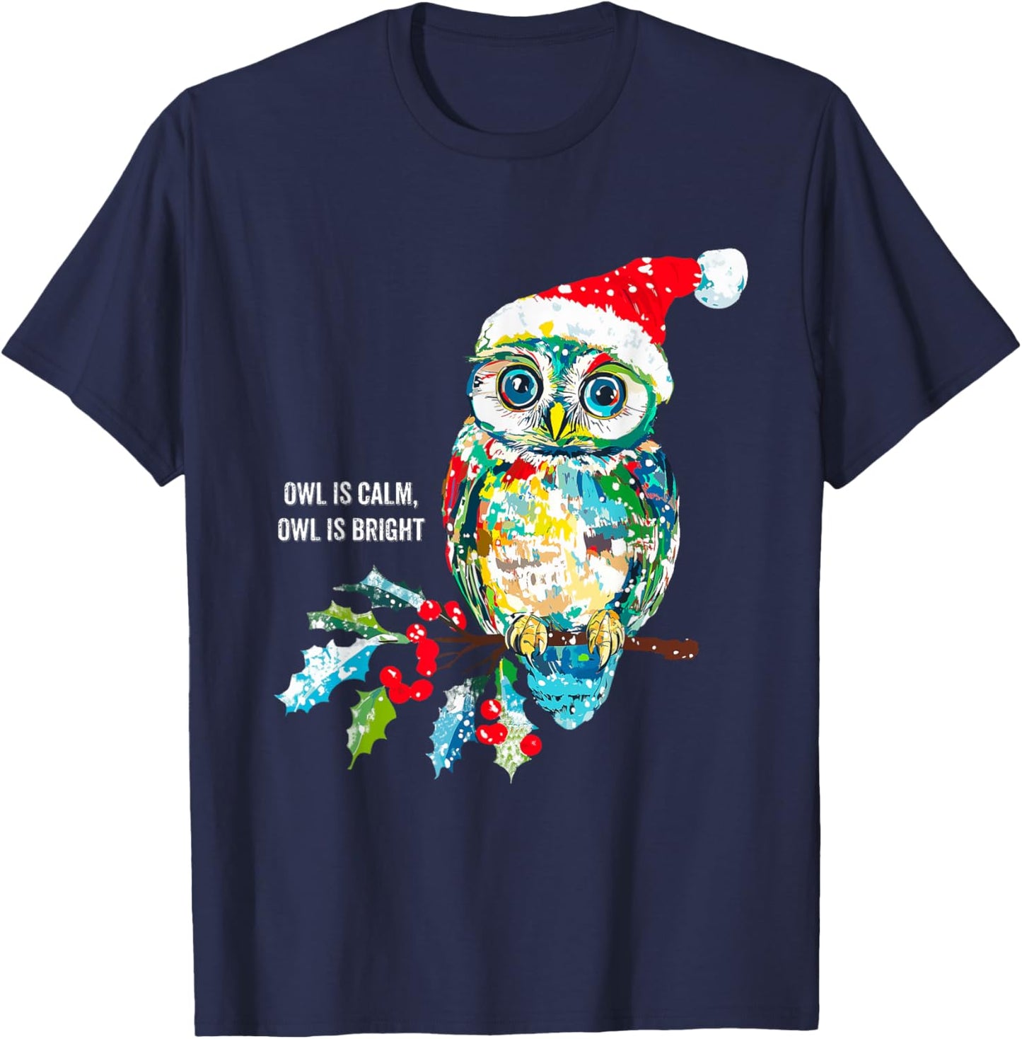 Funny Owl Wearing Santa Claus Hat Christmas Holiday Meme T-Shirt - T-Shirt | Navy