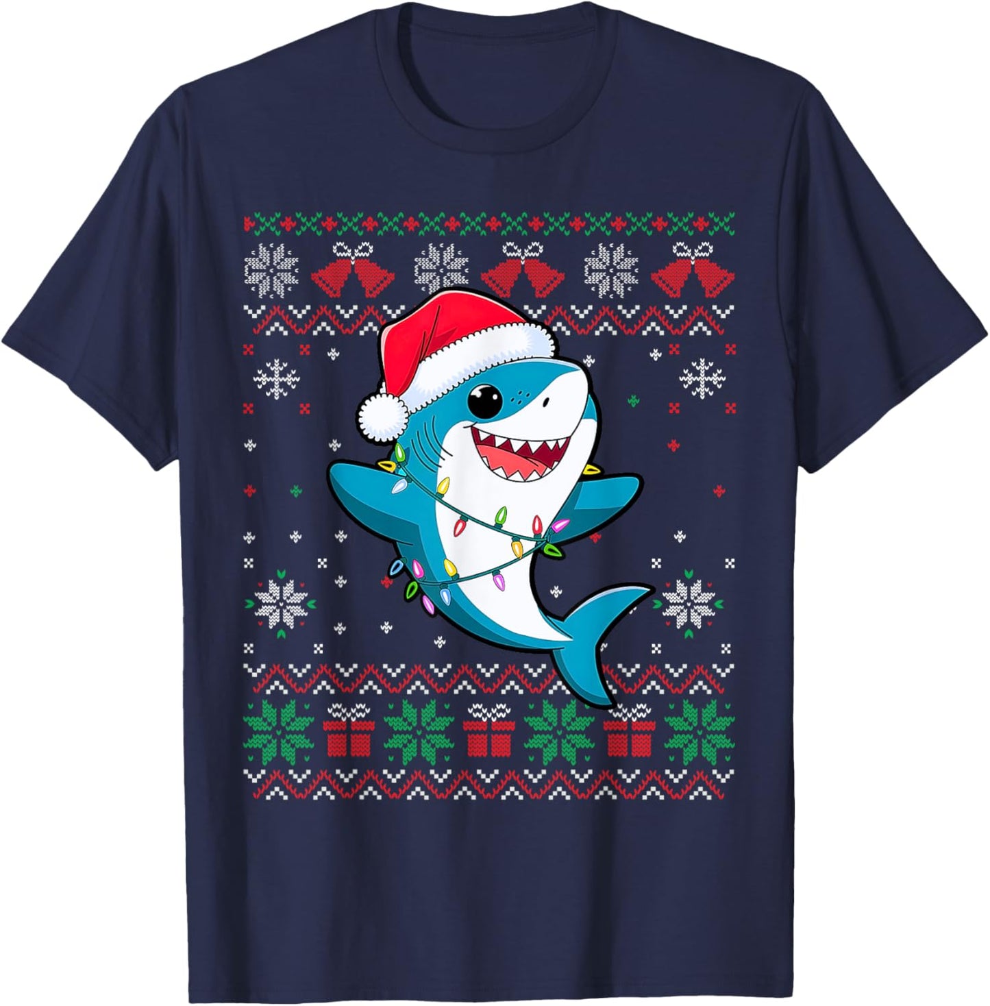 Funny Ugly Christmas Tree Shark Santa Hat Lights Xmas T-Shirt - T-Shirt | Navy