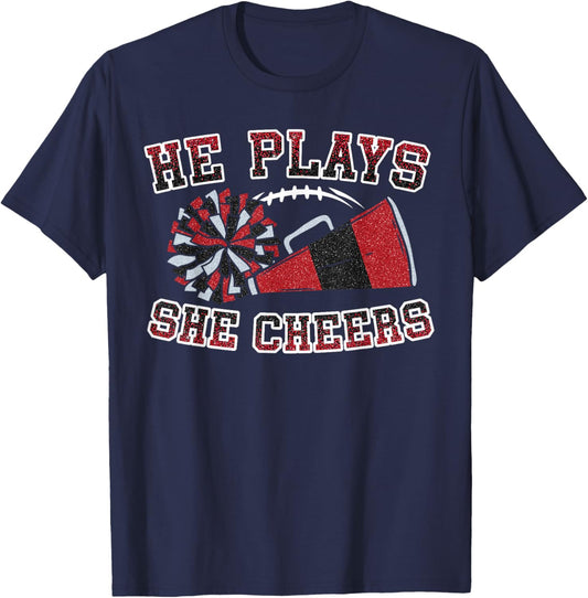 He Plays She Cheers Loud Proud Football And Cheer Mom Women T-Shirt - T-Shirt | Navy