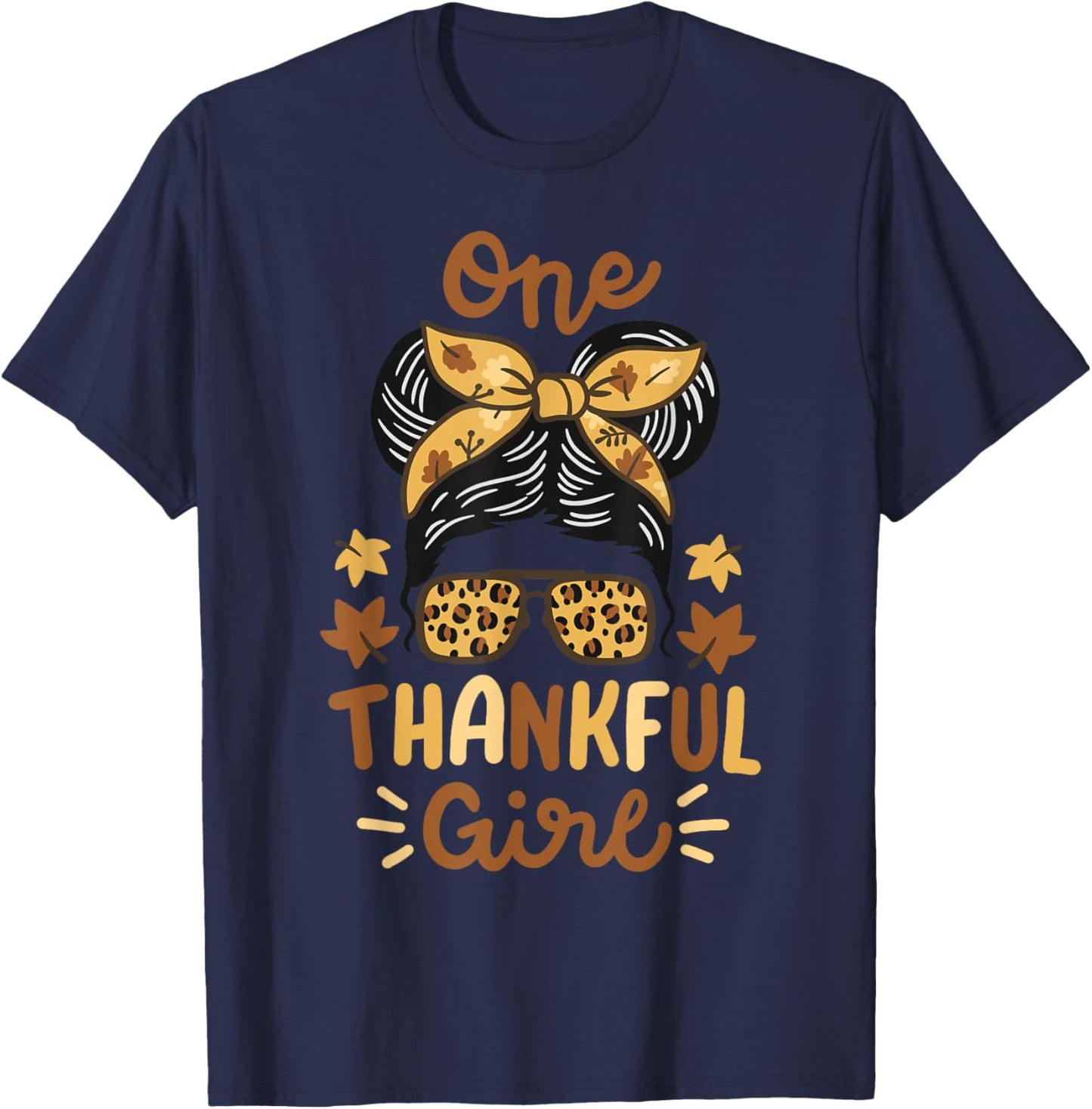 Thanksgiving Messy Bun Leopard Thankful Girl Women T-Shirt - T-Shirt | Navy