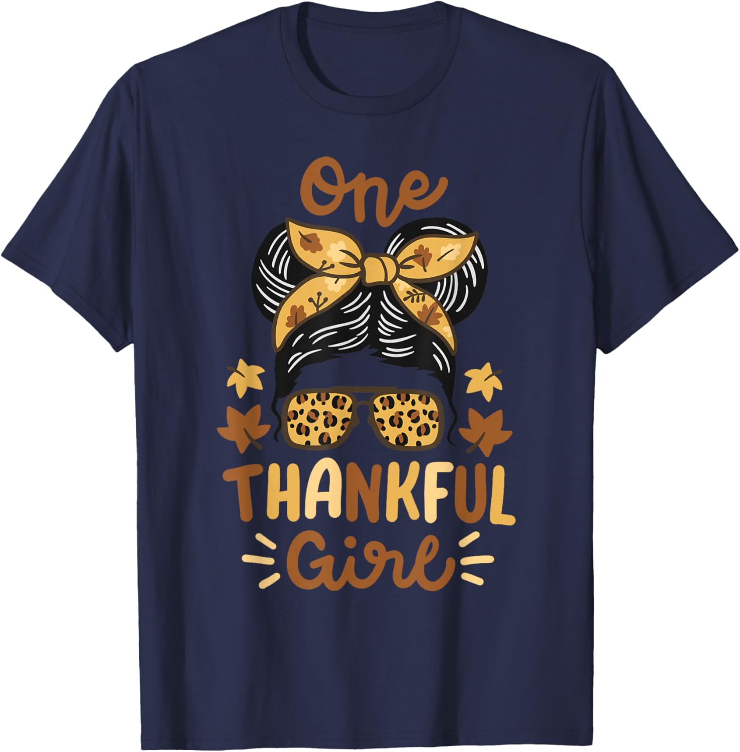 Thanksgiving Messy Bun Leopard Thankful Girl Women T-Shirt - T-Shirt | Navy