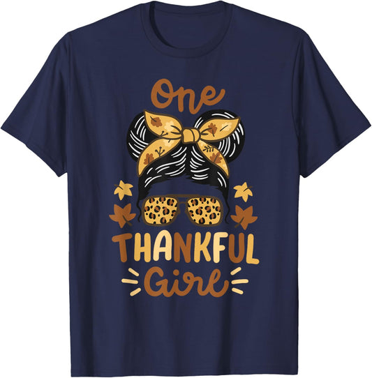 Thanksgiving Messy Bun Leopard Thankful Girl Women T-Shirt - T-Shirt | Navy