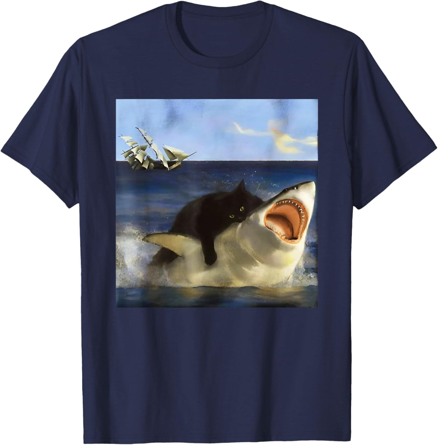 Graphic Cute Kitten Funny Animal Vintage Art Cat Meme Shark Women Girls Kids T-Shirt - T-Shirt | Navy