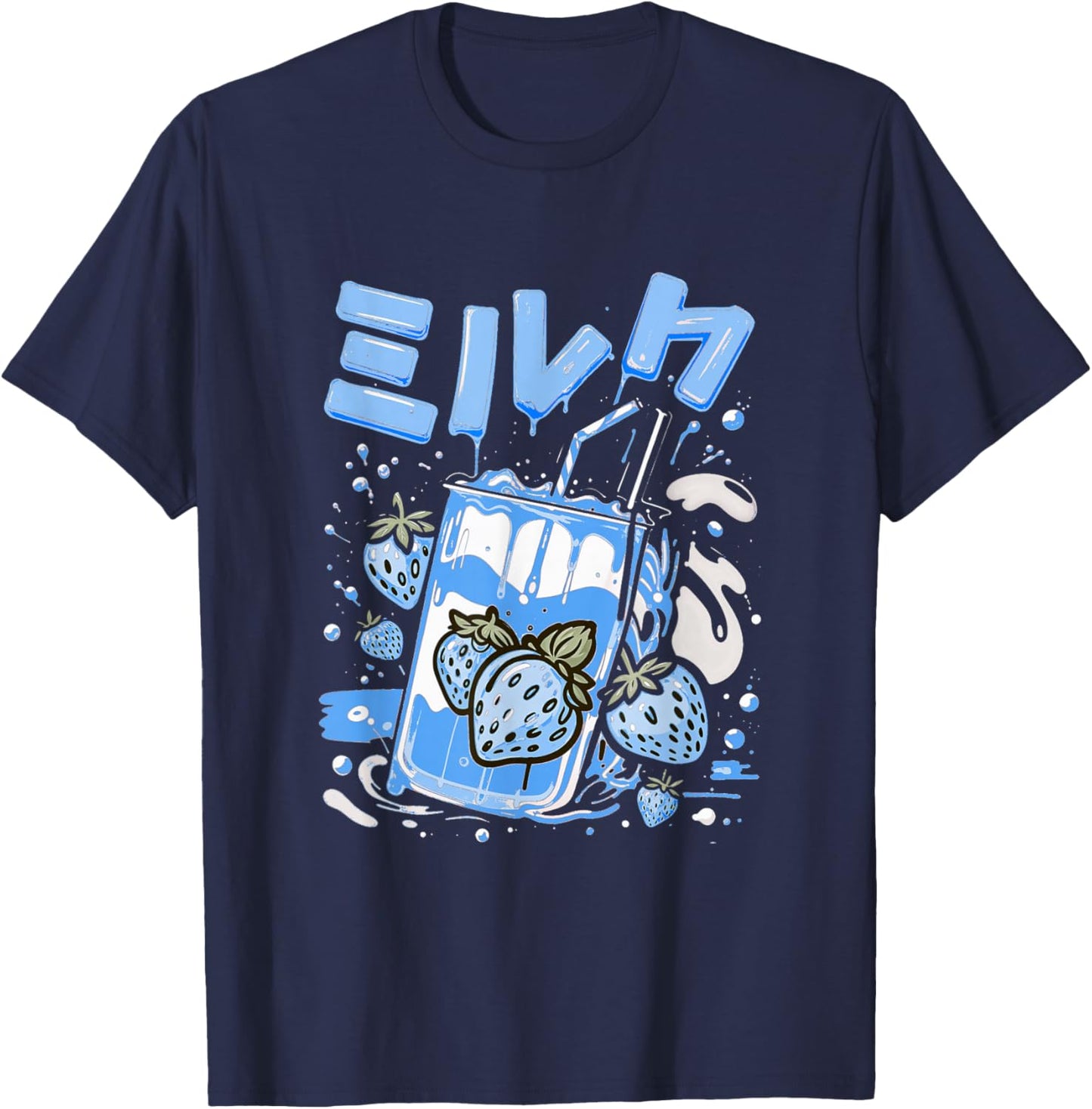 Blue Strawberry Milk Blue Color Graphic T-Shirt - T-Shirt | Navy
