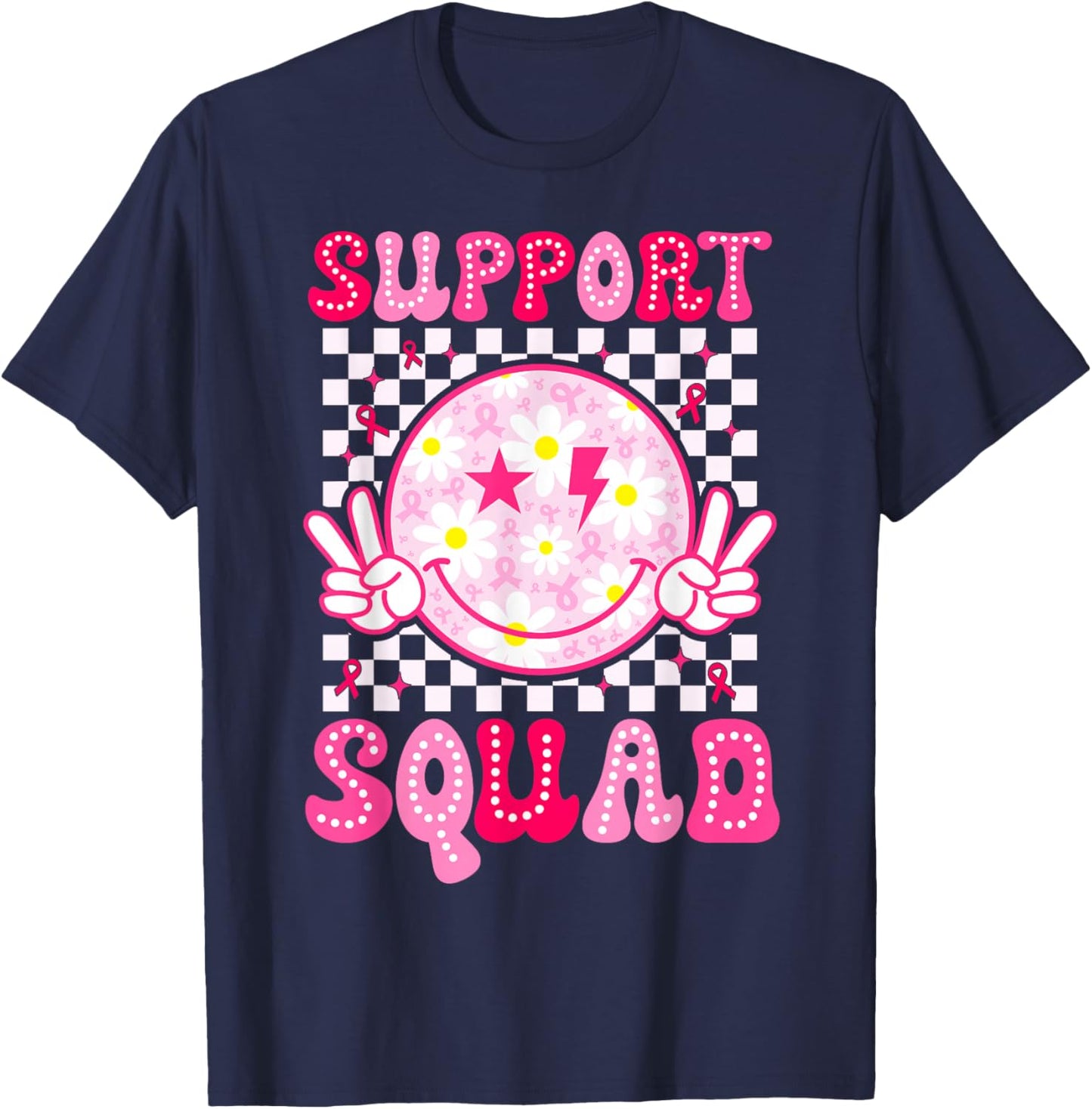 Support Squad Breast Cancer Awareness Pink Ribbon Smile Face T-Shirt - T-Shirt | Navy