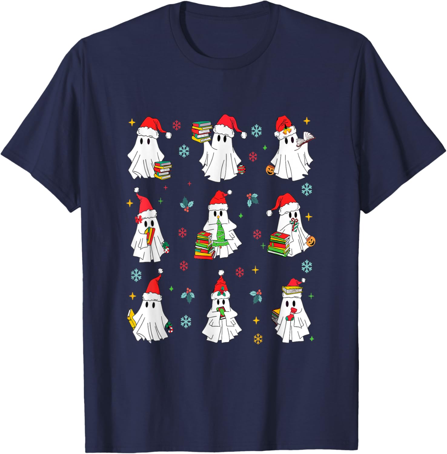 Ghosts Wearing Santa Hats Reading Books Christmas Book Lover T-Shirt - T-Shirt | Navy