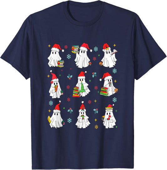 Ghosts Wearing Santa Hats Reading Books Christmas Book Lover T-Shirt - T-Shirt | Navy