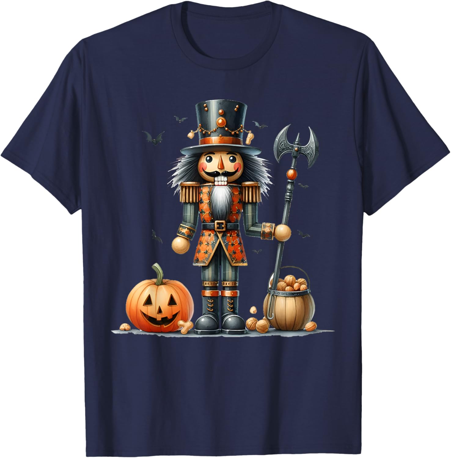 Retro Funny Nutcracker And Pumkins Hallothanksmas Halloween T-Shirt - T-Shirt | Navy