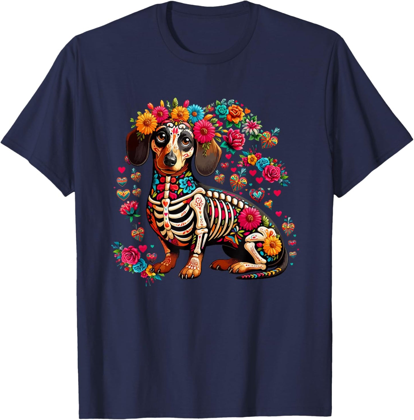 Dachshund Floral Skeleton Dia De Los Muertos Mexican Lover T-Shirt - T-Shirt | Navy