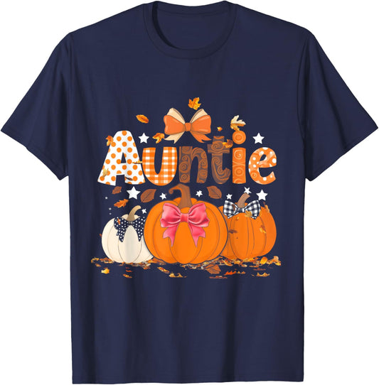 Auntie Pumpkin Fall Autumn Coquette Bow Thanksgiving Family T-Shirt - T-Shirt | Navy