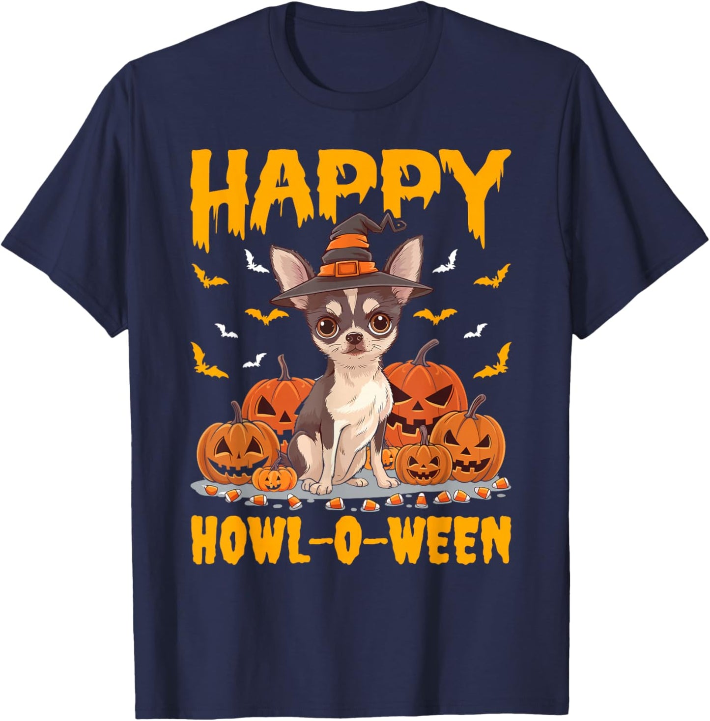 Chihuahua Halloween Cute Dog Howl -O- Ween Funny Pet T-Shirt - T-Shirt | Navy