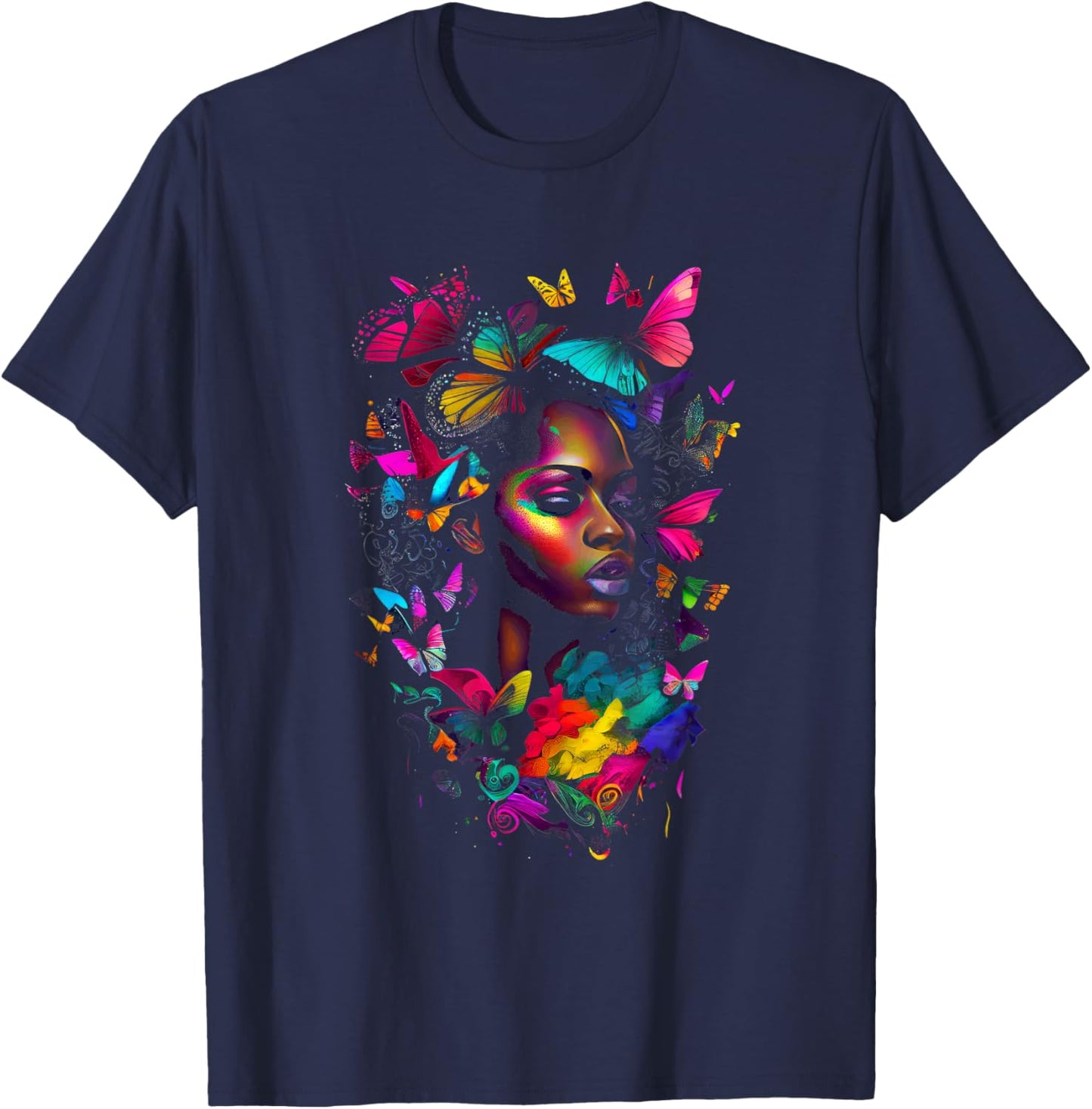 Black Woman Flowers Butterflies African American Art T-Shirt - T-Shirt | Navy