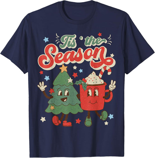 Vintage Christmas Tis The Season Christmas Tree Coffee Latte T-Shirt - T-Shirt | Navy