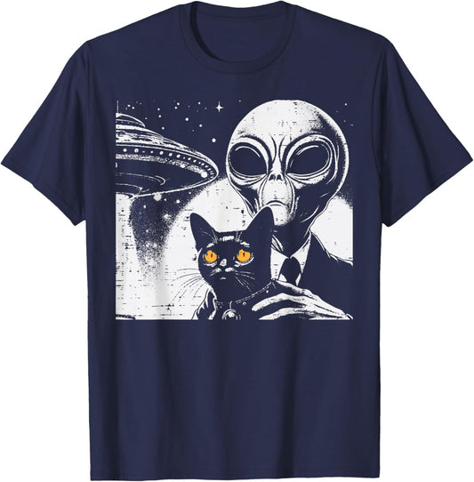 Alien With Cat Funny Ufo Space Pet Women Girls Kids Men T-Shirt - T-Shirt | Navy